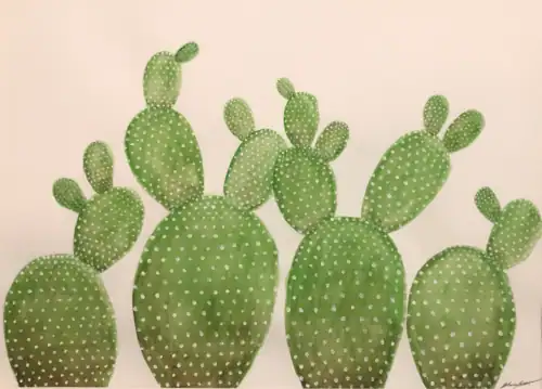 Vivid green cactus illustration with white dotted patterns, vibrant and artistic tropical plant artwork.