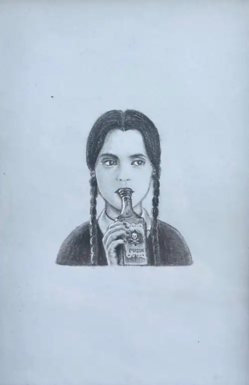 Poison-themed artwork featuring a woman with braided hair drinking from a bottle with a skull label.