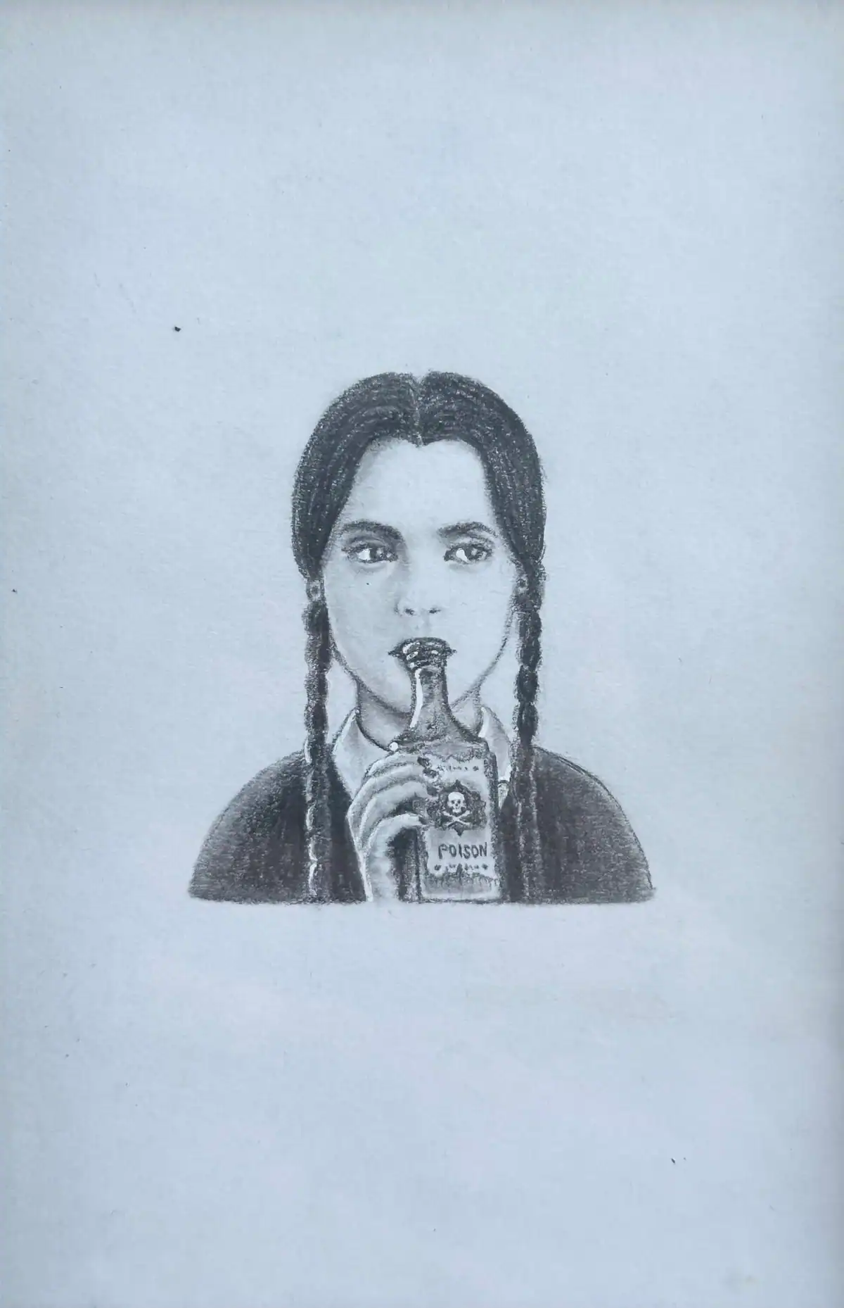 Poison-themed artwork featuring a woman with braided hair drinking from a bottle with a skull label.