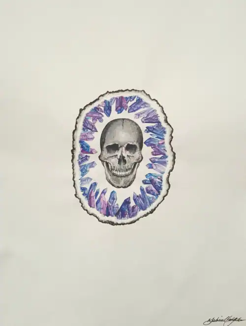 Vibrant skull illustration surrounded by purple and blue crystals, artistic tattoo design by Gabie Gates.