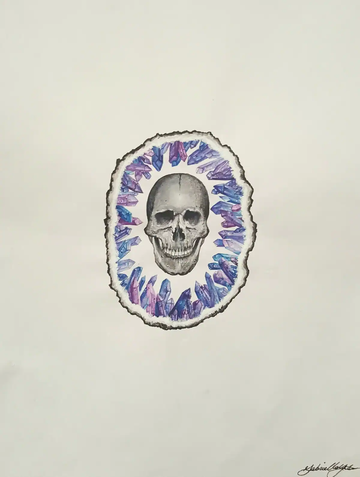 Vibrant skull illustration surrounded by purple and blue crystals, artistic tattoo design by Gabie Gates.